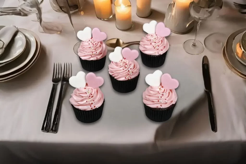 Romantic-themed cupcakes with pink frosting and heart toppers